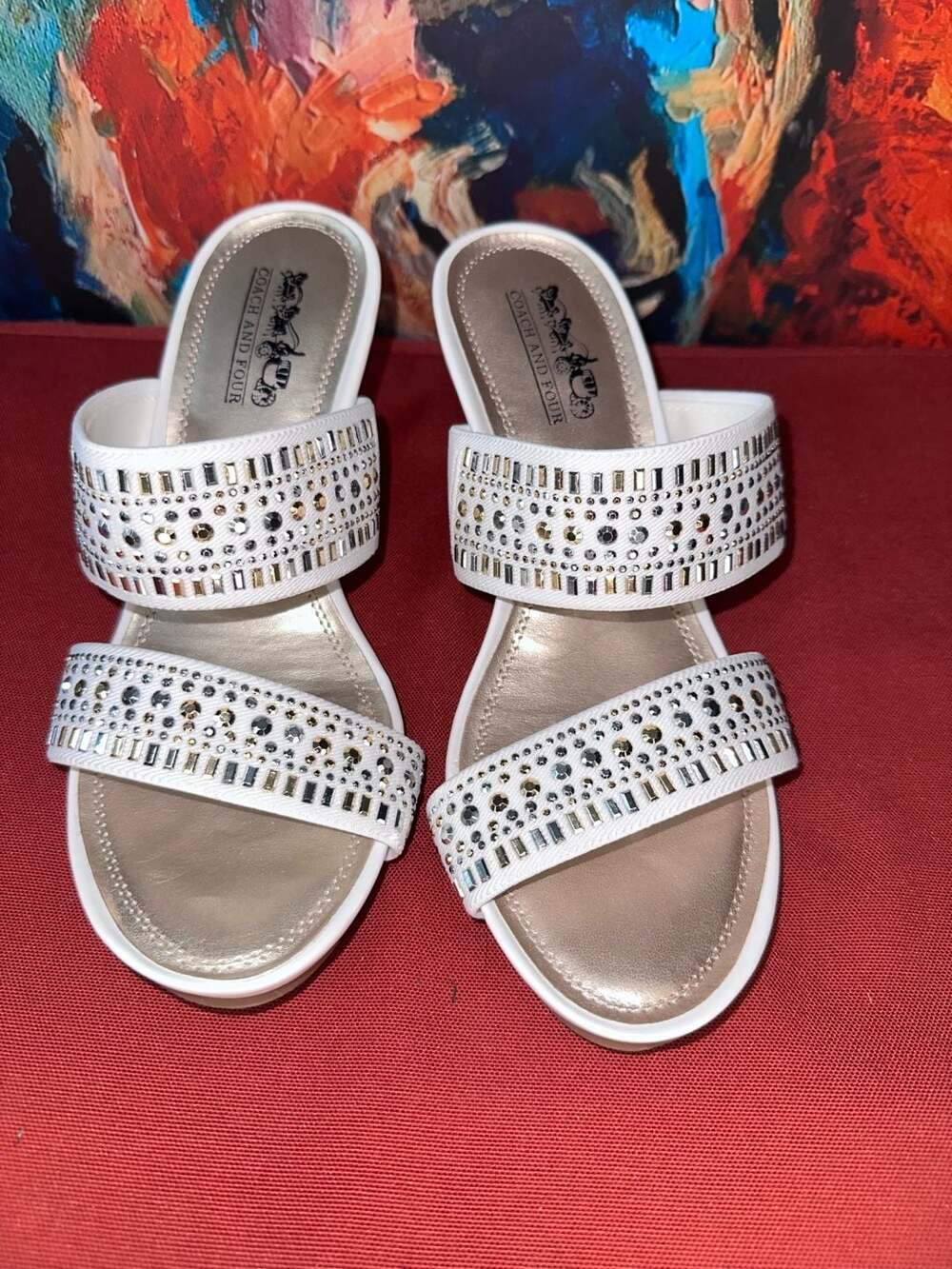 No.27 Coach And Four Vander Size 6.5 White Rhinestone Wedge Sandals